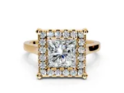 Single Halo Engagement Ring Setting for Princess Cut Center with Corner Claws, Plain Band and Prong Head in Yellow Gold