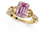 Leaf Motif Engagement Ring Setting for Fancy Pink Emerald Cut Center with Pave Band and Prong Head in Yellow Gold
