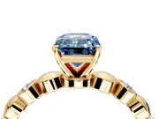 Solitaire Engagement Ring Setting for Fancy Blue Emerald Cut Center with Beaded Bezel Station Band and Prong Head in Yellow Gold