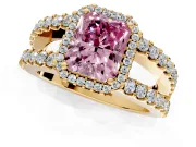 Halo Engagement Ring Setting for Fancy Pink Radiant Cut Center with Wide-Open Pave Split Shank and Prong Head in Yellow Gold
