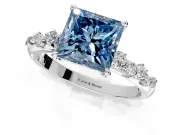 Cluster Engagement Ring Setting for Fancy Blue Princess Cut Center with Round Cut Accent Band and Prong Head in Sterling Silver