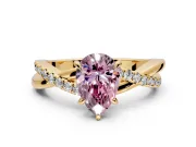 Crossover Engagement Ring Setting for Fancy Pink Pear-Shaped Center with Pave and Plain Strands and Prong Head in Yellow Gold