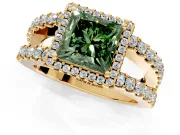 Halo Engagement Ring Setting for Fancy Green Princess Cut Center with Wide-Open Pave Split Shank and Prong Head in Yellow Gold