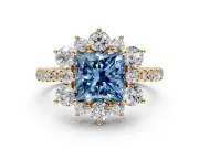 Floral Halo Engagement Ring Setting for Fancy Blue Princess Cut Center with Pave Accents and Prong Head in Yellow Gold