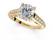 Solitaire Engagement Ring Setting for Cushion Cut Center with Pave Cathedral Band and Prong Head in Yellow Gold