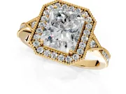 Halo Engagement Ring Setting for Radiant Cut Center with Milgrain Rim, Pave Band and Prong Head in Yellow Gold
