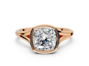 Solitaire Engagement Ring Setting for Cushion Cut Center with V Split Shank and Bezel Head in Rose Gold
