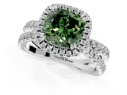 Halo Engagement Ring Setting for Fancy Green Cushion Cut Center with Double Pave Split Shank and Prong Head in Platinum