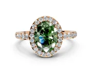 Halo Engagement Ring Setting for Fancy Green Oval Center with Heart-Shaped Openwork, Pave Band and Prong Head in Rose Gold