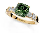 5 Stone Engagement Ring Setting for Fancy Green Cushion Cut Center with Plain Band and Prong Head in Yellow Gold