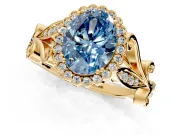 Halo Engagement Ring Setting for Fancy Blue Oval Center with Leaf Motif Split Shank and Prong Head in Yellow Gold