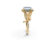 Halo Engagement Ring Setting for Fancy Blue Asscher Cut Center with Leaf Motif Split Shank and Prong Head in Yellow Gold