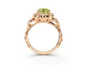 Halo Engagement Ring Setting for Fancy Yellow Round Cut Center with Open Scroll Shoulders and Prong Head in Rose Gold
