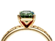 Solitaire Engagement Ring Setting for Fancy Green Emerald Cut Center with Scrollwork Band and Prong Head in Yellow Gold