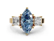 3 Stone Engagement Ring Setting for Fancy Blue Marquise Center with Matching Side Accents and Prong Head in Yellow Gold