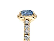 Halo Engagement Ring Setting for Fancy Blue Cushion Cut Center with Full Pave Band and Prong Head in Yellow Gold