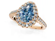 Halo Engagement Ring Setting for Fancy Blue Pear-Shaped Center with Raised Halo, Pave Band and Prong Head in Rose Gold