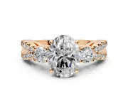 3 Stone Engagement Ring Setting for Oval Center with Pave Split Shank and Prong Head in Rose Gold