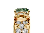 Pave Engagement Ring Setting for Fancy Green Radiant Cut Center with Curved Accent Rows, Openwork and Prong Head in Yellow Gold