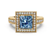 Milgrain Halo Engagement Ring Setting for Fancy Blue Princess Cut Center with Pave Band and Prong Head in Yellow Gold