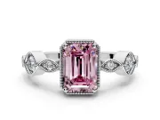 Vintage Station Engagement Ring Setting for Fancy Pink Emerald Cut Center with Accents and Prong Head in White Gold