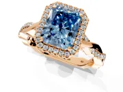 Halo Engagement Ring Setting for Fancy Blue Radiant Cut Center with Pave and Plain Twist Band and Prong Head in Rose Gold