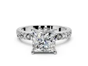 Solitaire Engagement Ring Setting for Princess Cut Center with XO Engraved Band and Prong Head in Platinum