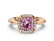 Halo Engagement Ring Setting for Fancy Pink Cushion Cut Center with Tapered Plain Band and Prong Head in Rose Gold