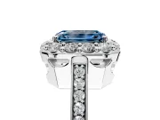 Floral Halo Engagement Ring Setting for Fancy Blue Emerald Cut Center with Large Halo Accents and Prong Head in Platinum