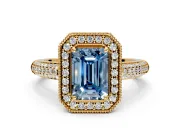 Milgrain Halo Engagement Ring Setting for Fancy Blue Emerald Cut Center with Three-Sided Pave Band and Prong Head in Yellow Gold