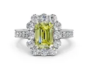 Halo Engagement Ring Setting for Fancy Yellow Emerald Cut Center with Milgrain Channel Band and Prong Head in Platinum