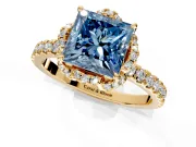 Halo Engagement Ring Setting for Fancy Blue Princess Cut Center with Openwork Halo, Pave Band and Prong Head in Yellow Gold