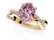 Solitaire Engagement Ring Setting for Fancy Pink Oval Center with Half-Pave Crossover Band and Prong Head in Yellow Gold