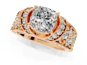 Pave Engagement Ring Setting for Cushion Cut Center with Curved Accent Rows, Openwork and Prong Head in Rose Gold