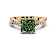Solitaire Engagement Ring Setting for Fancy Green Princess Cut Center with Half-Pave Crossover Band and Prong Head in Yellow Gold