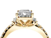Paired Accent Engagement Ring Setting for Radiant Cut Center with Pave Band and Prong Head in Yellow Gold