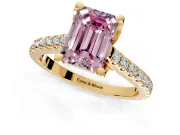 Solitaire Engagement Ring Setting for Fancy Pink Emerald Cut Center with Widening Pave Band and Claw Prong Head in Yellow Gold