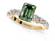 Shared-Prong Engagement Ring Setting for Fancy Green Emerald Cut Center with Graduated Accents and Prong Head in Yellow Gold