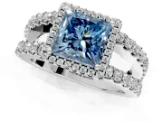 Halo Engagement Ring Setting for Fancy Blue Princess Cut Center with Wide-Open Pave Split Shank and Prong Head in Platinum