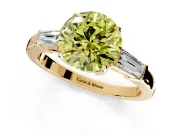 3 Stone Engagement Ring Setting for Fancy Yellow Round Cut Center with Baguette Accents and Prong Head in Yellow Gold