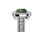 Milgrain Halo Engagement Ring Setting for Fancy Green Cushion Cut Center with Pave Band and Prong Head in Platinum