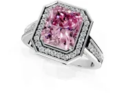 Halo Engagement Ring Setting for Fancy Pink Emerald Cut Center with Outer Bezel Rim, Pave Band and Prong Head in Platinum