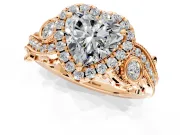 Milgrain Halo Engagement Ring Setting for Heart-Shaped Center with Shoulder Bezels and Prong Head in Rose Gold