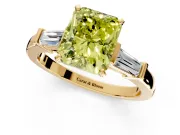 3 Stone Engagement Ring Setting for Fancy Yellow Radiant Cut Center with Channel Baguette Accents and Prong Head in Yellow Gold