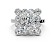 Cluster Halo Engagement Ring Setting for Princess Cut Center with Milgrain Bezel Accents and Prong Head in Sterling Silver