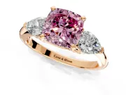 3 Stone Engagement Ring Setting for Fancy Pink Cushion Cut Center with Large Pear-Shaped Accents and Prong Head in Rose Gold
