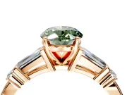 Bar-Set Engagement Ring Setting for Fancy Green Oval Center with Tapered Baguette Accents and Prong Head in Rose Gold