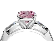 3 Stone Engagement Ring Setting for Fancy Pink Cushion Cut Center with Tapered Baguettes, Plain Band and Prong Head in White Gold