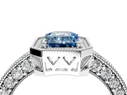 Milgrain Halo Engagement Ring Setting for Fancy Blue Emerald Cut Center with Wide Pave Band and Prong Head in Sterling Silver