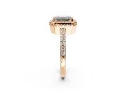 Halo Engagement Ring Setting for Emerald Cut Center with Inner Milgrain Border and Prong Head in Rose Gold